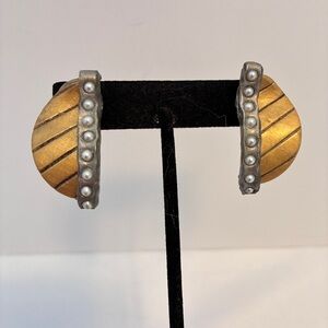 Artisan Gold Silver Pearl Polymer Clay Curved Pierced Earrings